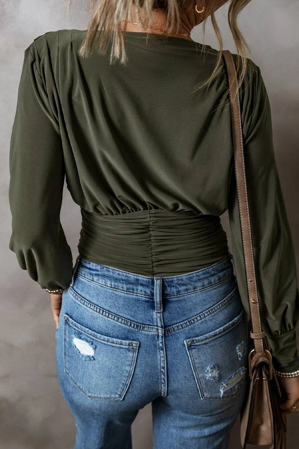 Moss Green Ruched Wrap V Neck Long Sleeve Bodysuit - BB Fashion Outlet