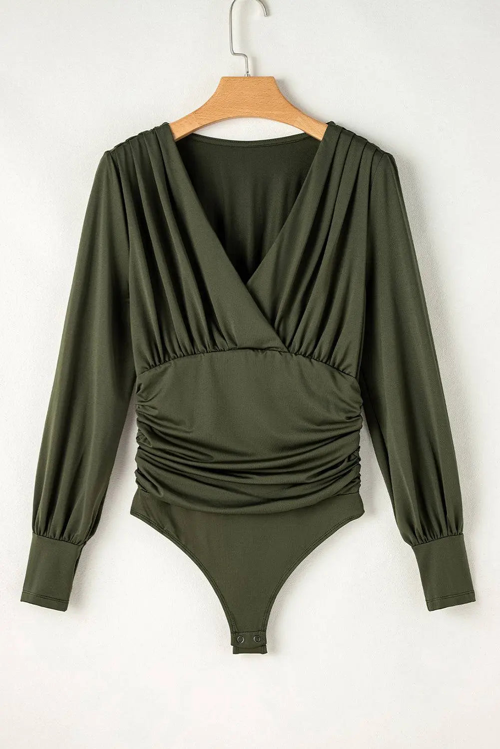 Moss Green Ruched Wrap V Neck Long Sleeve Bodysuit - BB Fashion Outlet