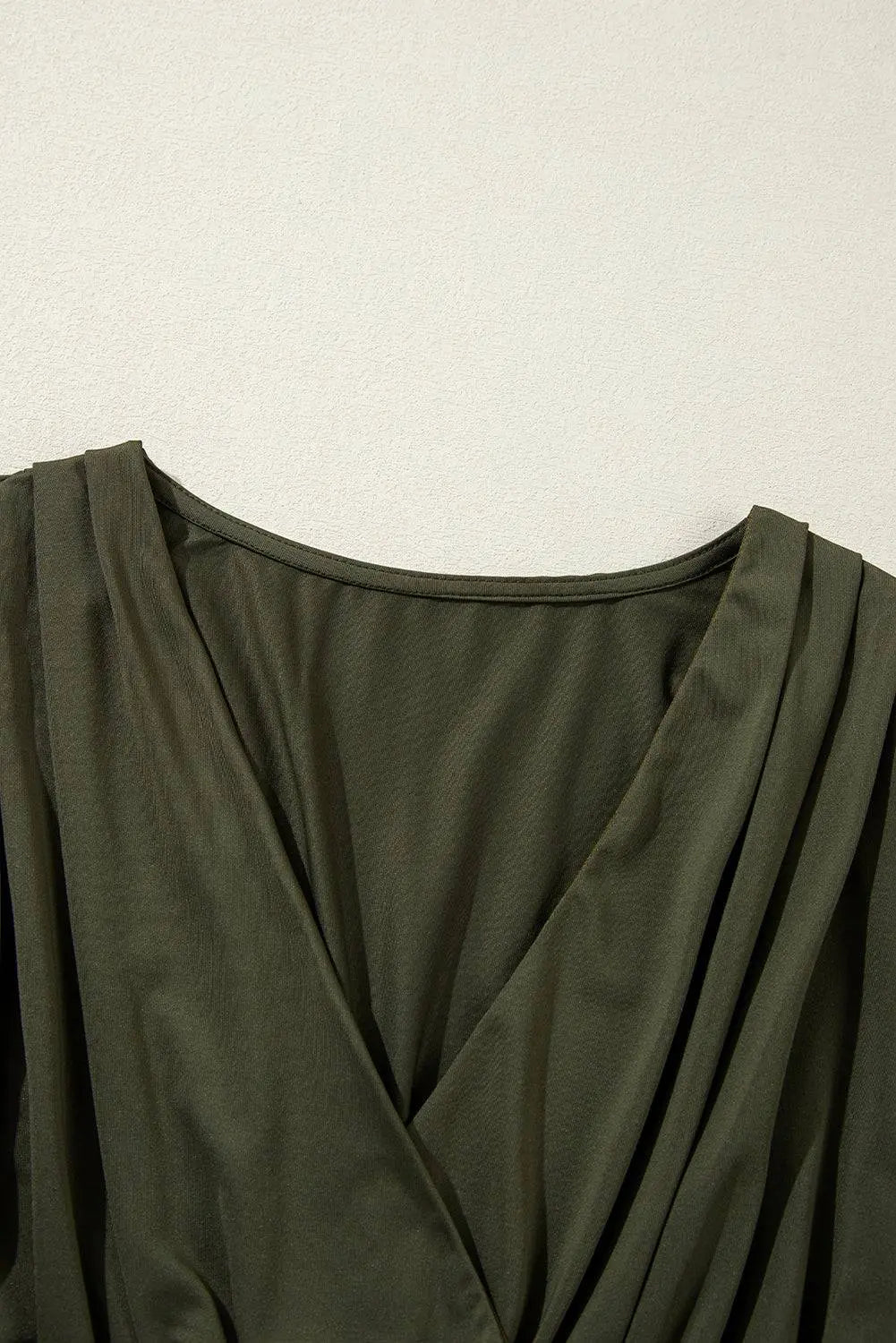 Moss Green Ruched Wrap V Neck Long Sleeve Bodysuit - BB Fashion Outlet