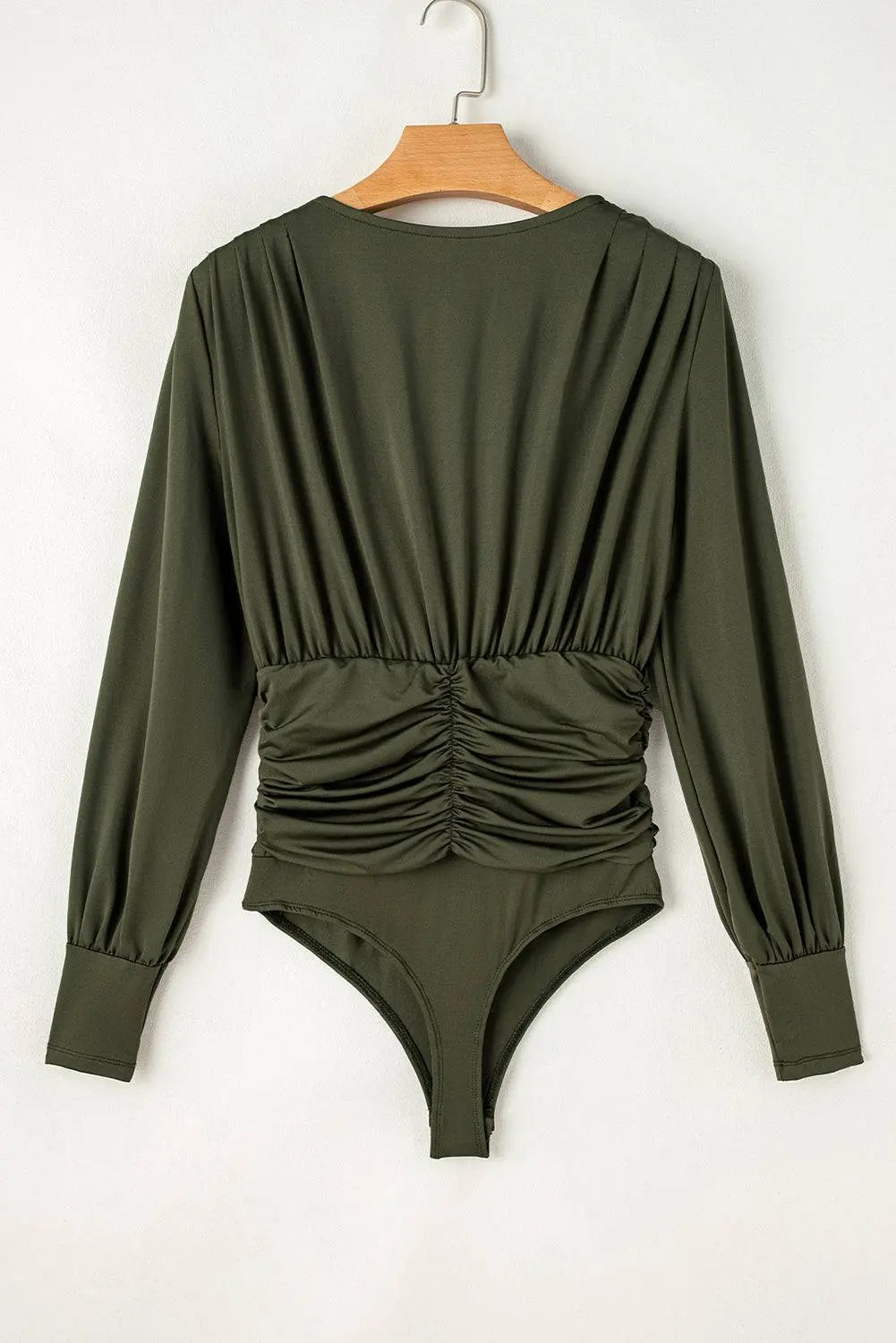 Moss Green Ruched Wrap V Neck Long Sleeve Bodysuit - BB Fashion Outlet