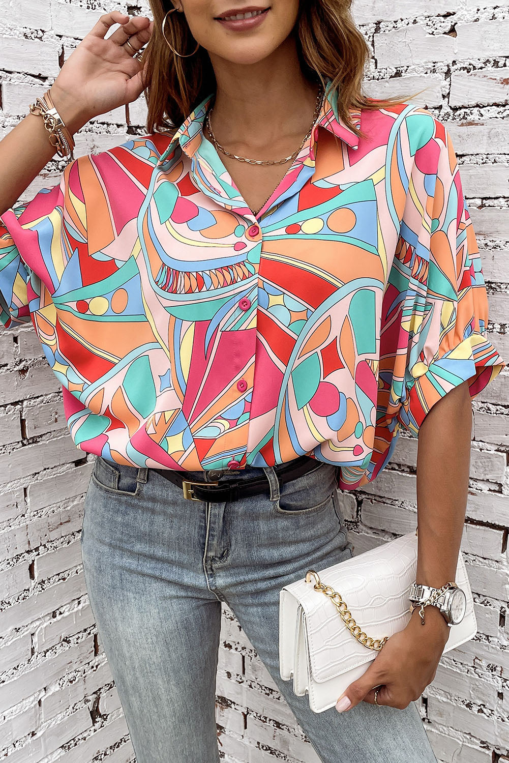 MultiColour Abstract Geometry Print Half Puff Sleeve Loose Shirt - eAura