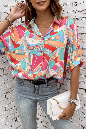 MultiColour Abstract Geometry Print Half Puff Sleeve Loose Shirt - eAura