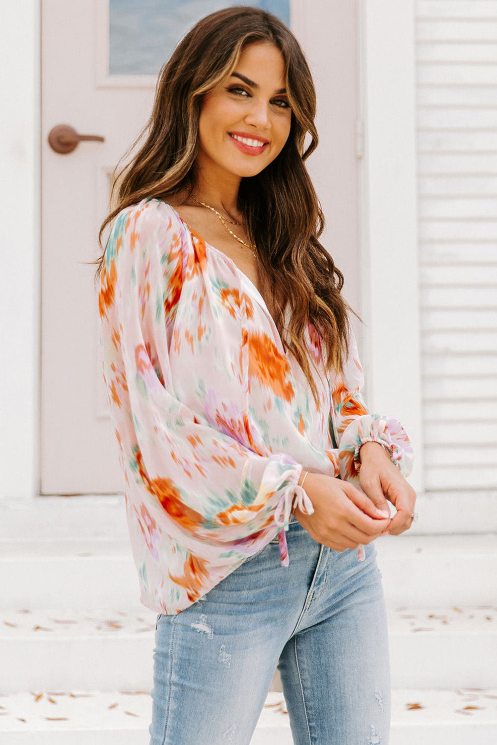 MultiColour Abstract Print Split Neck Puff Sleeve Blouse - eAura