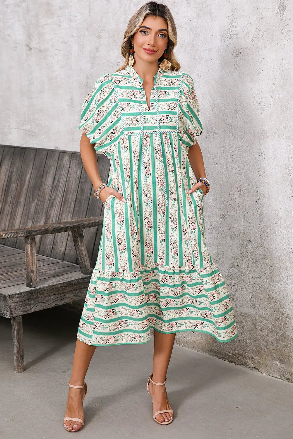 MultiColour Boho Floral Striped Tie V Neck Midi Dress - eAura