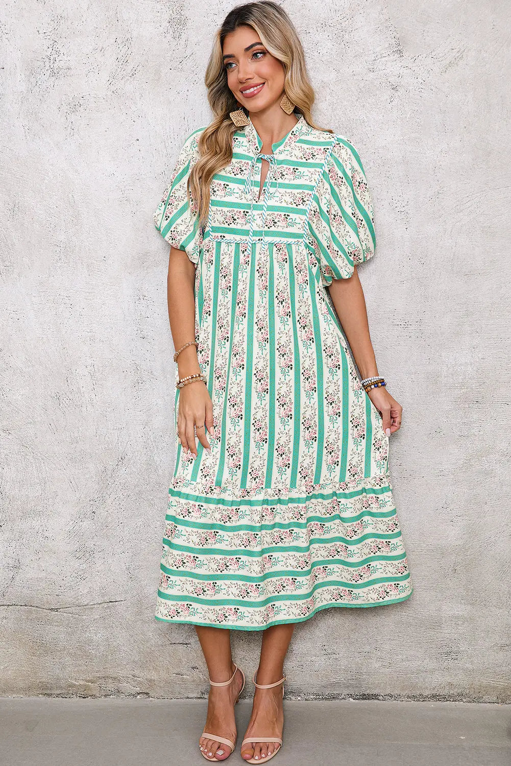 MultiColour Boho Floral Striped Tie V Neck Midi Dress - eAura