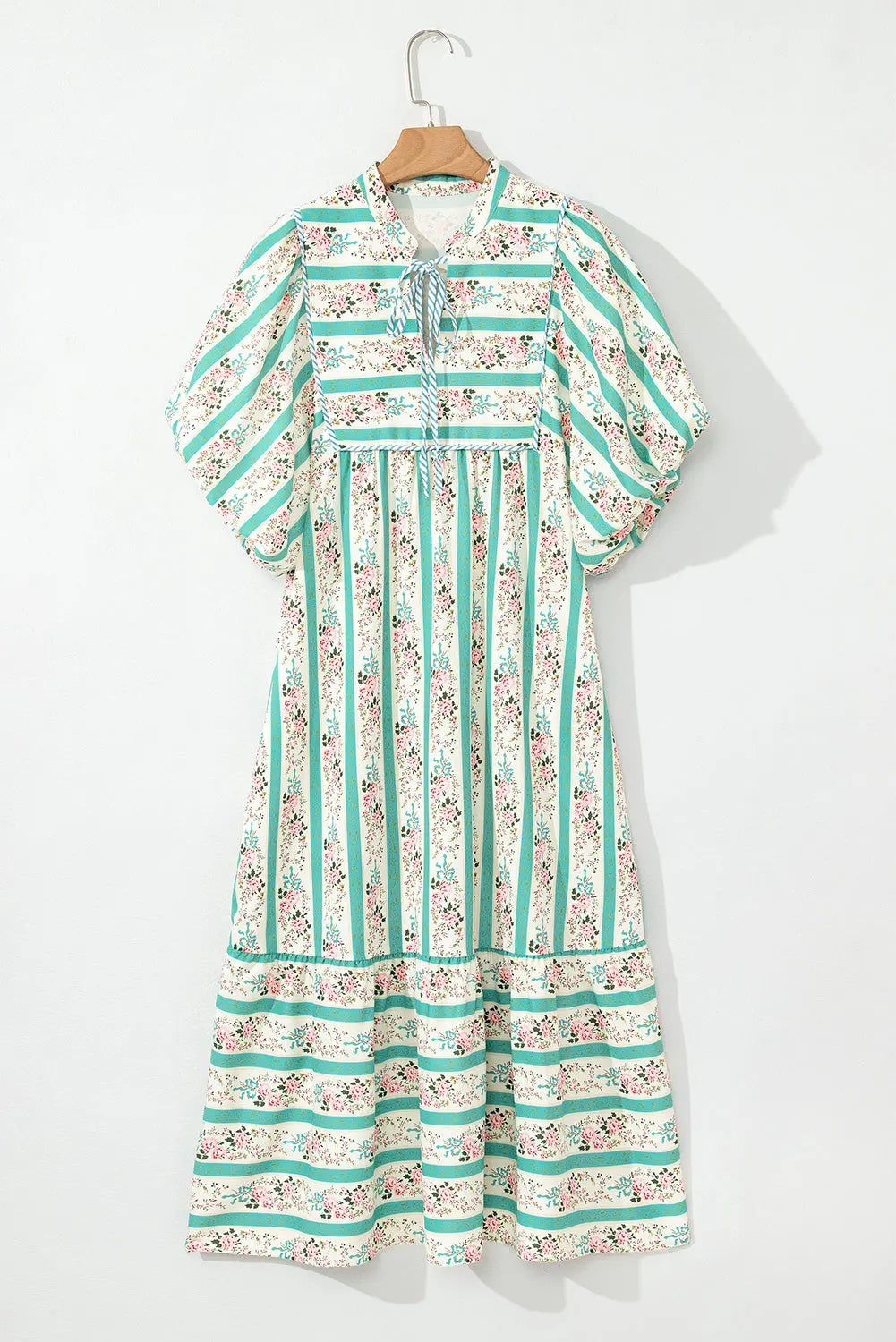 MultiColour Boho Floral Striped Tie V Neck Midi Dress - eAura