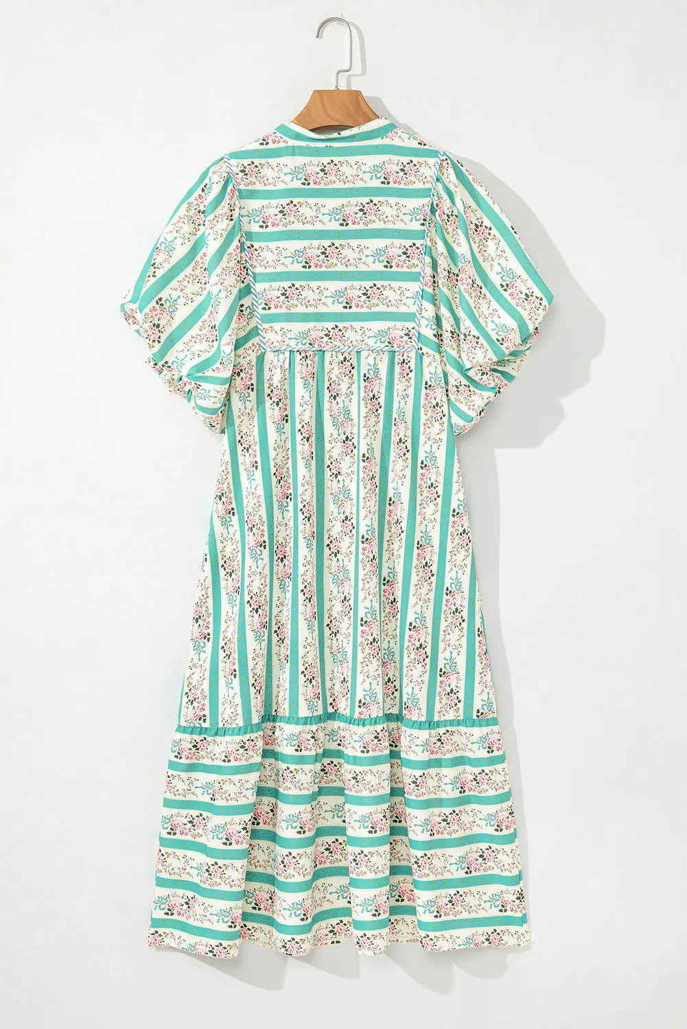 MultiColour Boho Floral Striped Tie V Neck Midi Dress - eAura