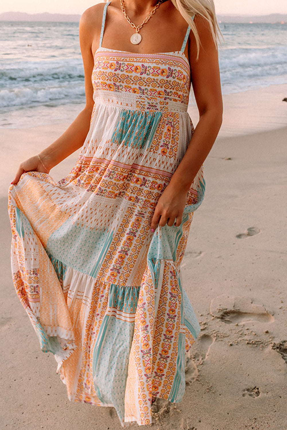 MultiColour Boho Patchwork Print Square Neck Maxi Sundress - eAura