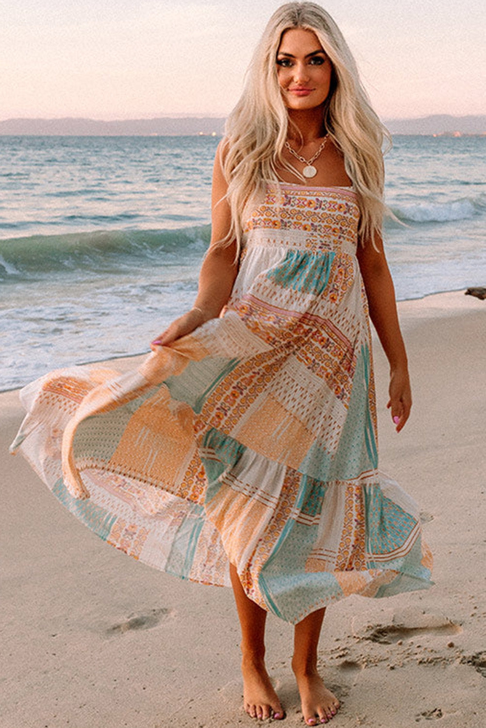 MultiColour Boho Patchwork Print Square Neck Maxi Sundress - eAura