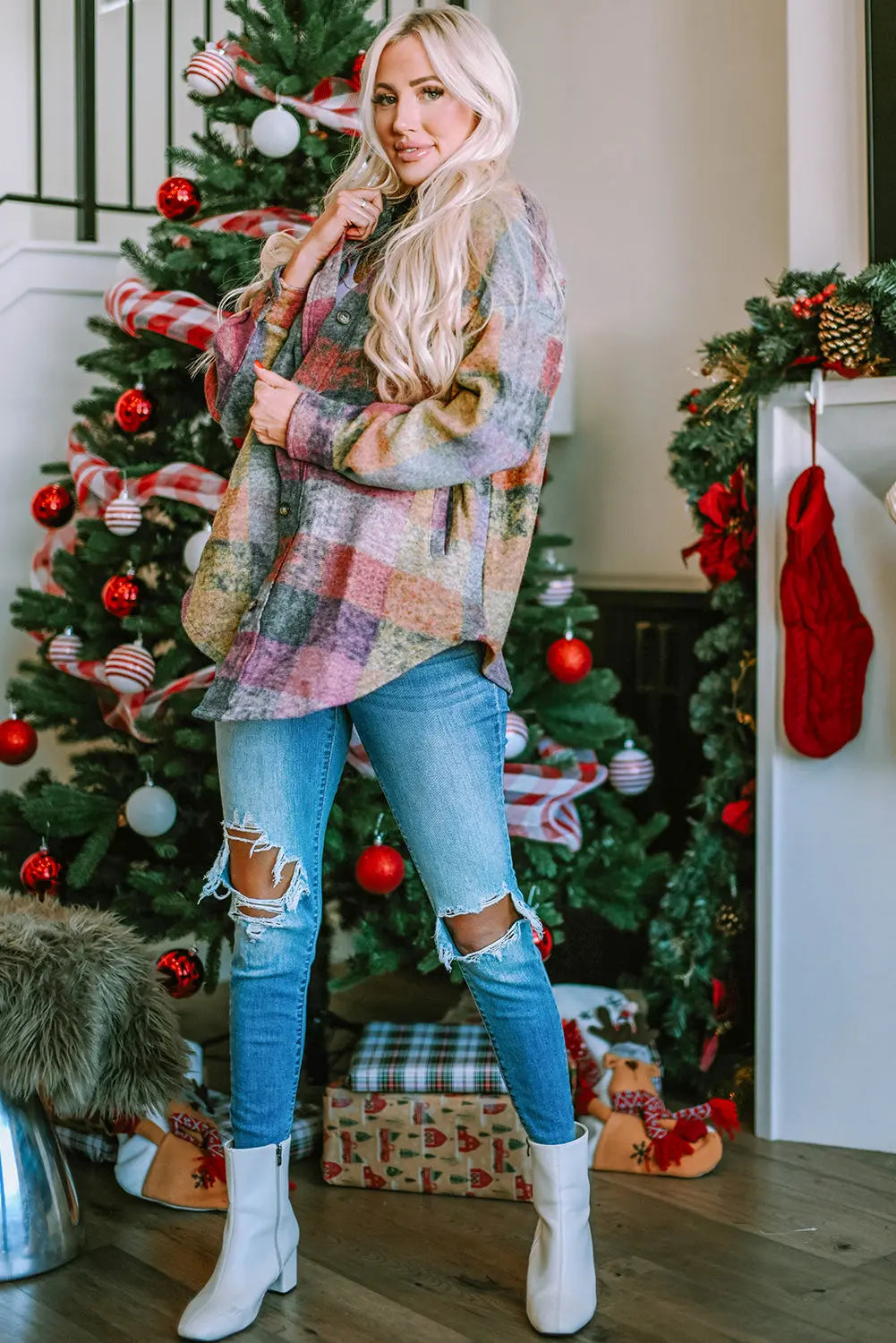 MultiColour Brushed Plaid Pocketed Oversize Shacket eAura