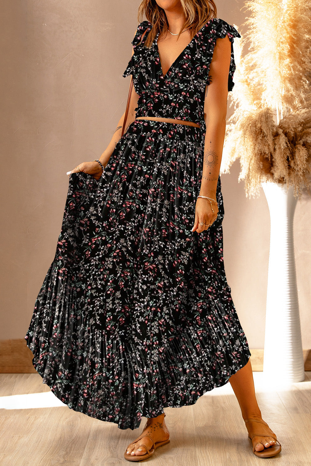 MultiColour Floral Ruffled Crop Top and Maxi Skirt Set - eAura