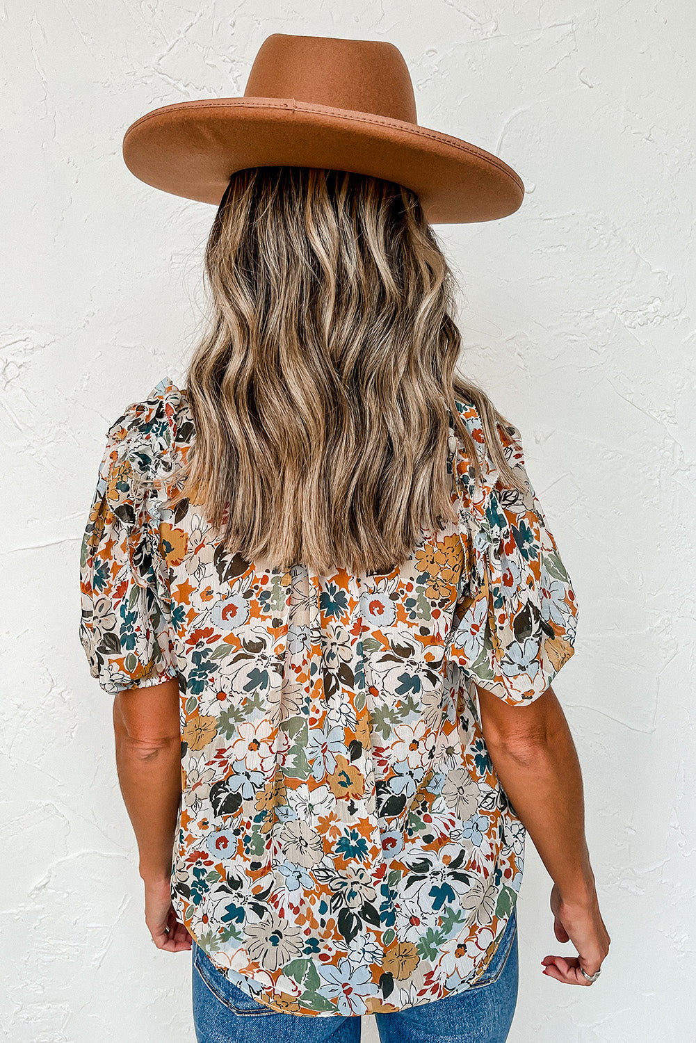 MultiColour Split V Neck Puff Sleeve Flower Print Blouse - eAura