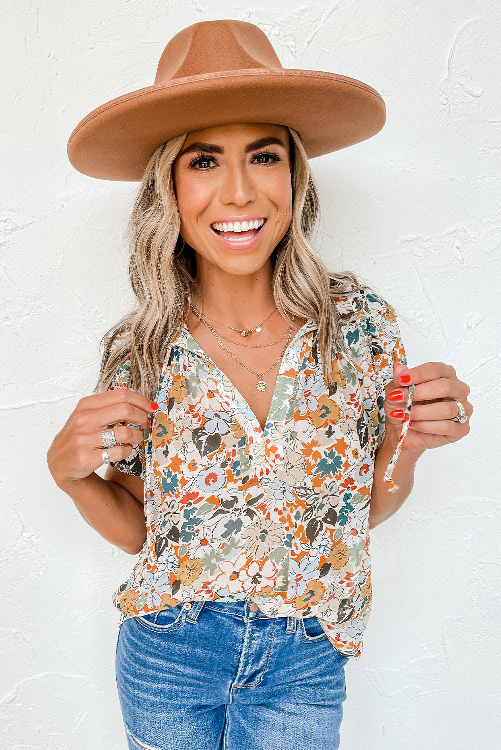 MultiColour Split V Neck Puff Sleeve Flower Print Blouse - eAura