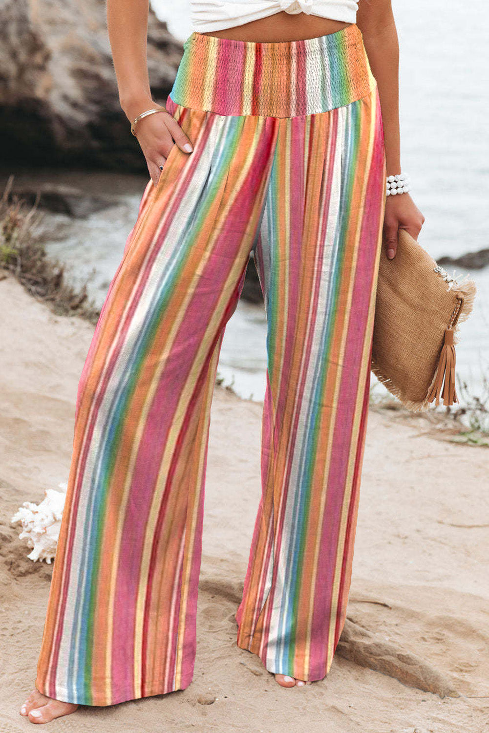 MultiColour Striped Smocked High Waist Wide Leg Trousers - eAura