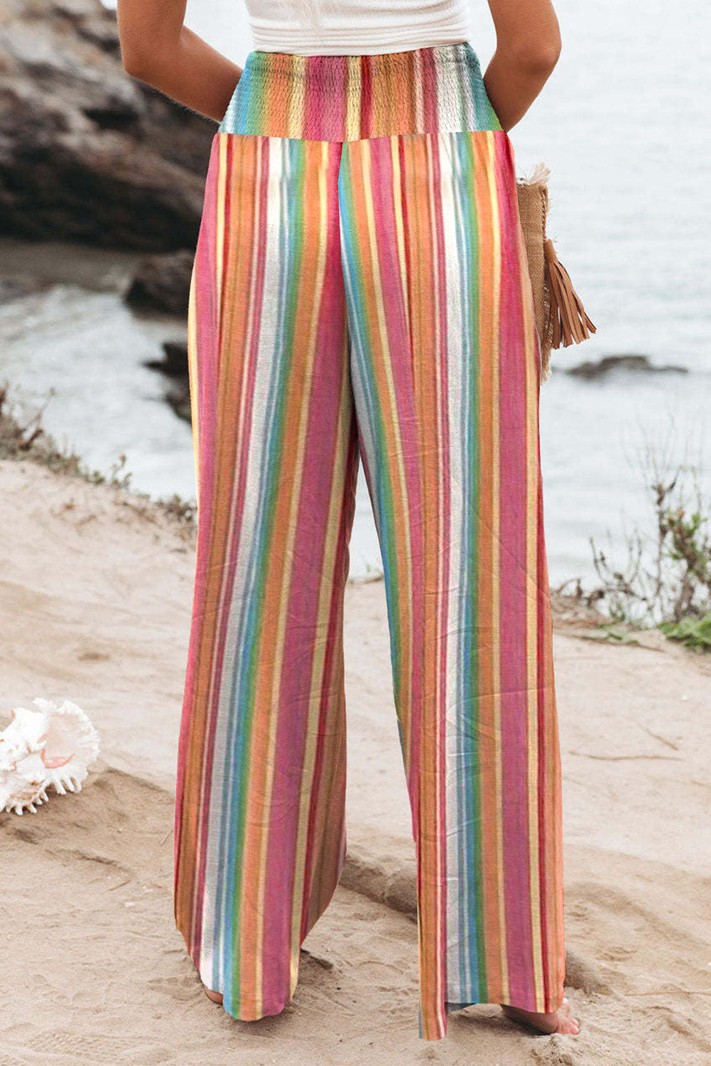 MultiColour Striped Smocked High Waist Wide Leg Trousers - eAura