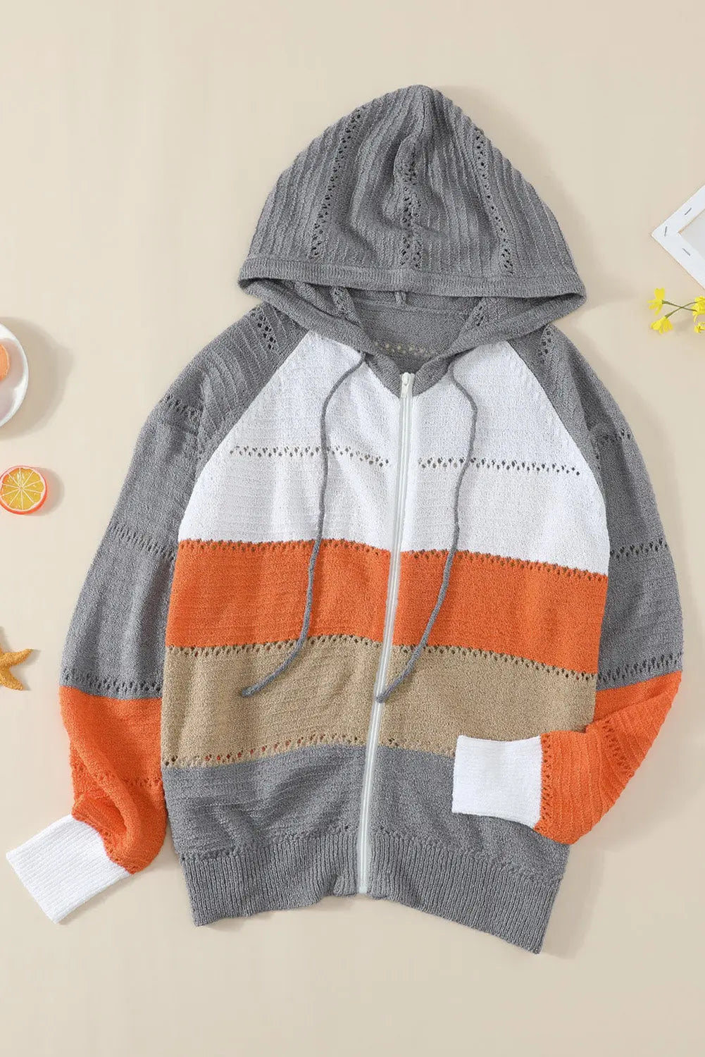 MultiColour Zipped Front Colourblock Hollow-out Knit Hoodie - eAura
