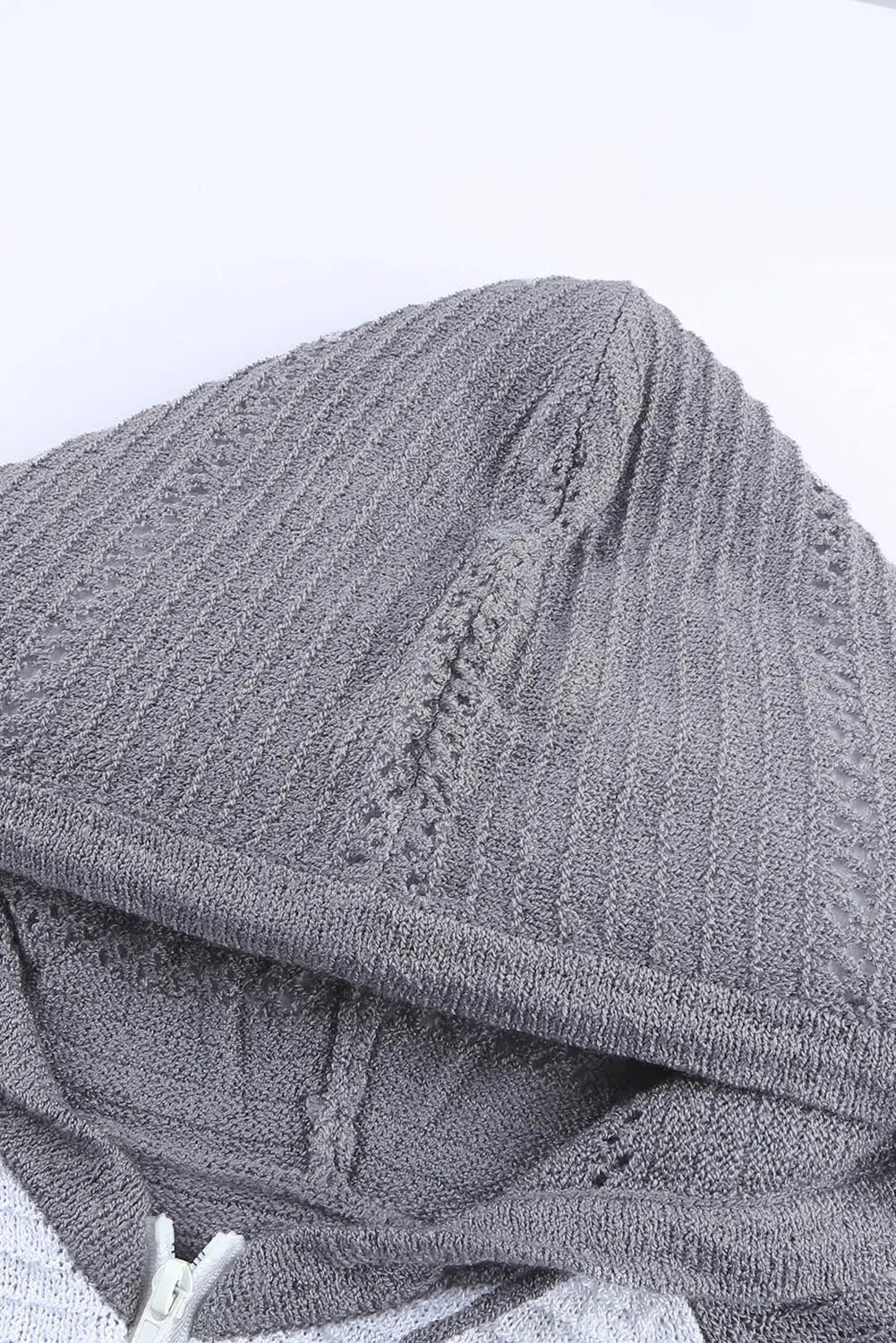 MultiColour Zipped Front Colourblock Hollow-out Knit Hoodie - eAura