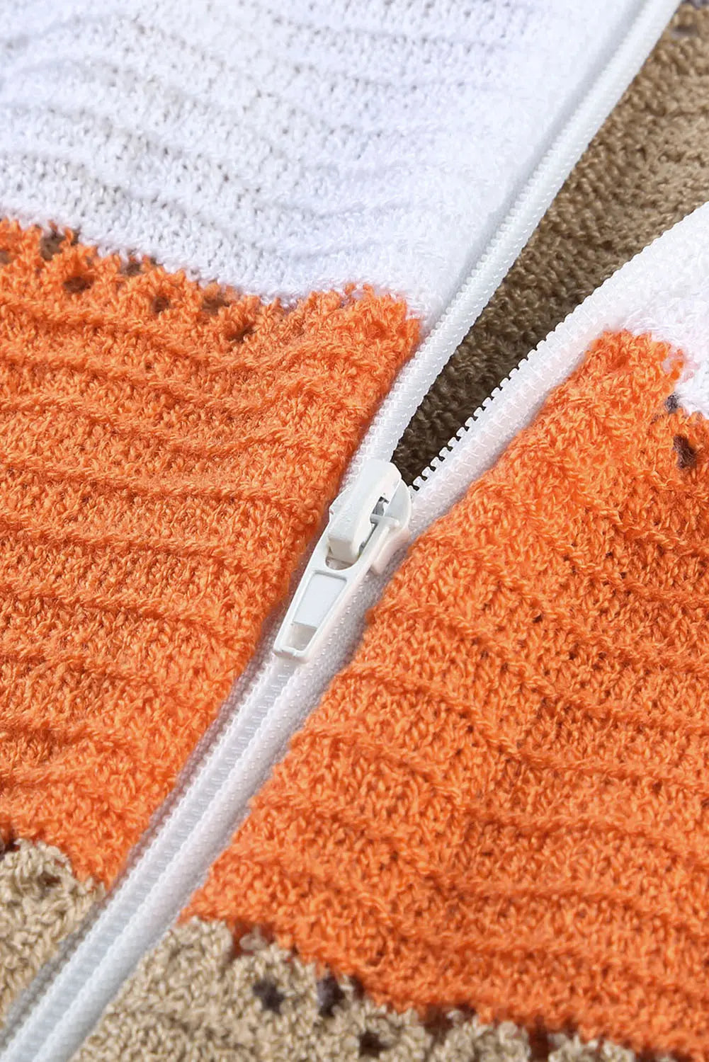 MultiColour Zipped Front Colourblock Hollow-out Knit Hoodie - eAura