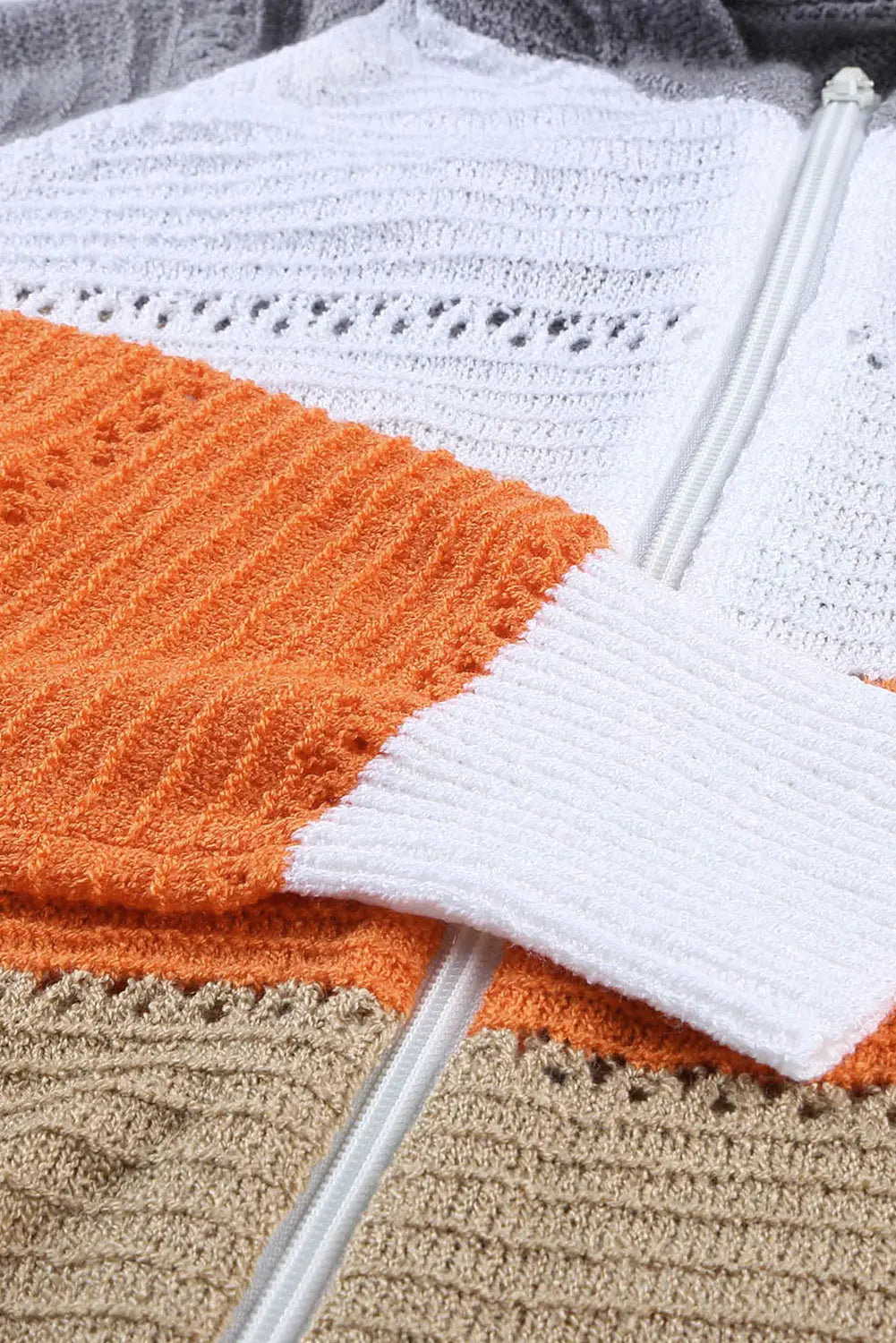 MultiColour Zipped Front Colourblock Hollow-out Knit Hoodie - eAura