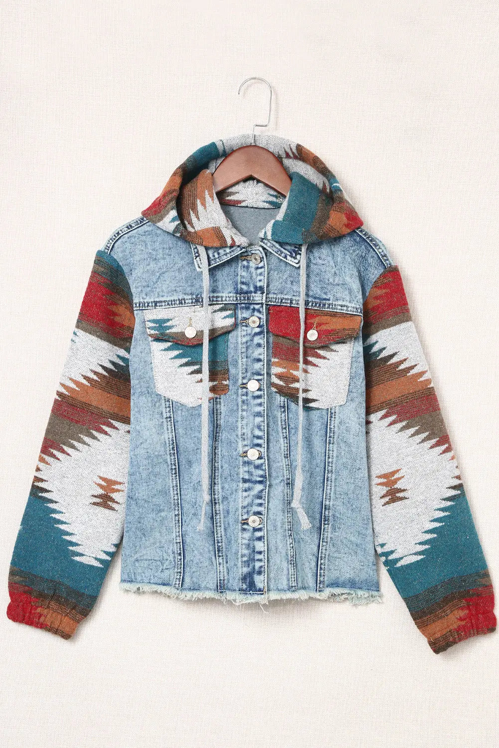 Multicolour Aztec Print Frayed Hem Denim Jacket - eAura