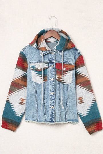 Multicolour Aztec Print Frayed Hem Denim Jacket - Outerwear/Denim jackets