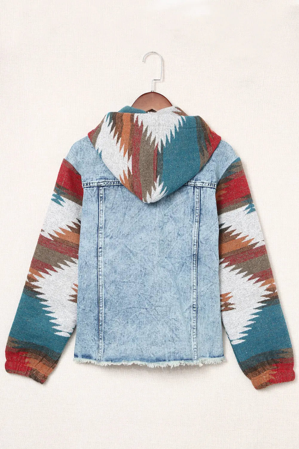 Multicolour Aztec Print Frayed Hem Denim Jacket - eAura