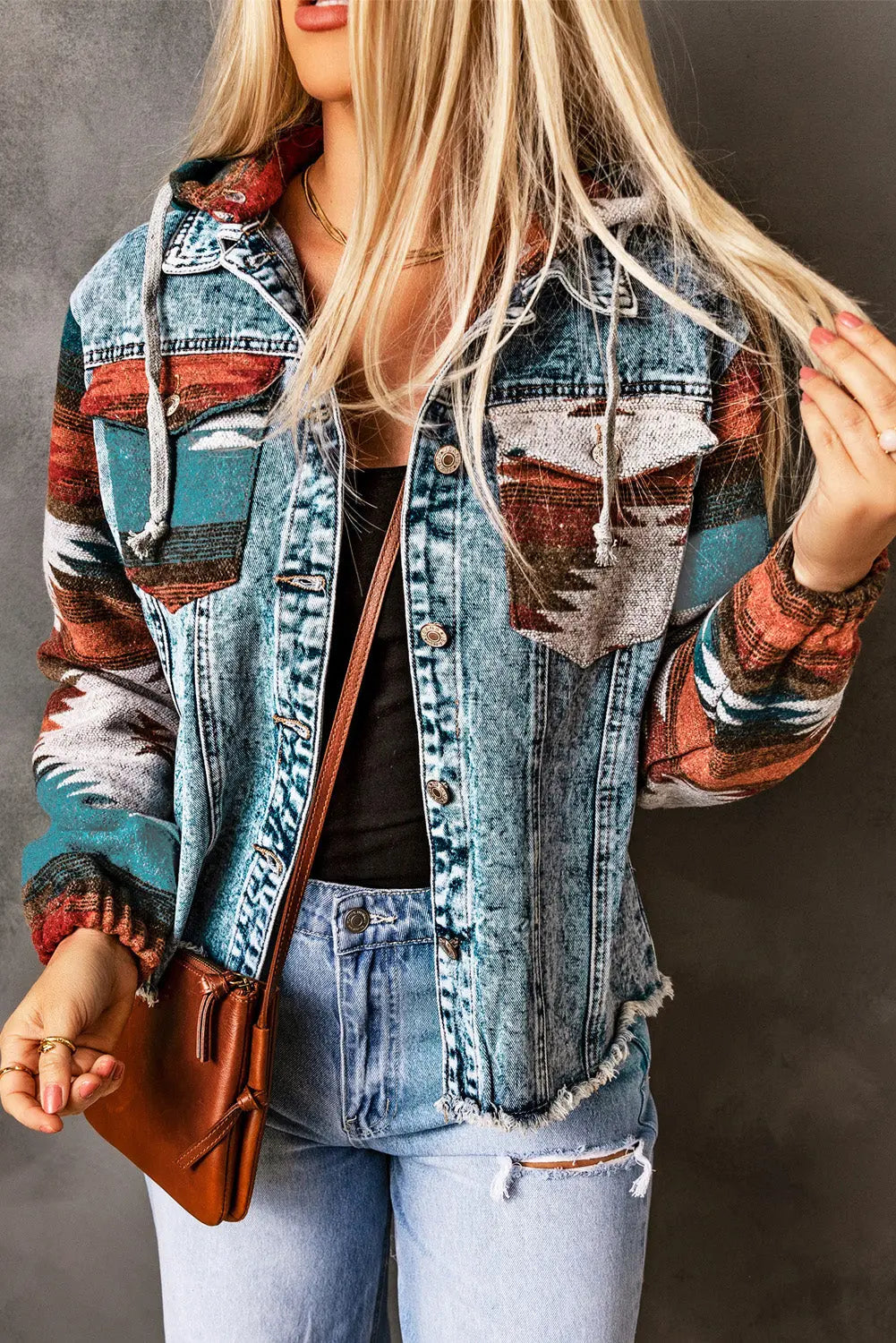 Multicolour Aztec Print Frayed Hem Denim Jacket - eAura