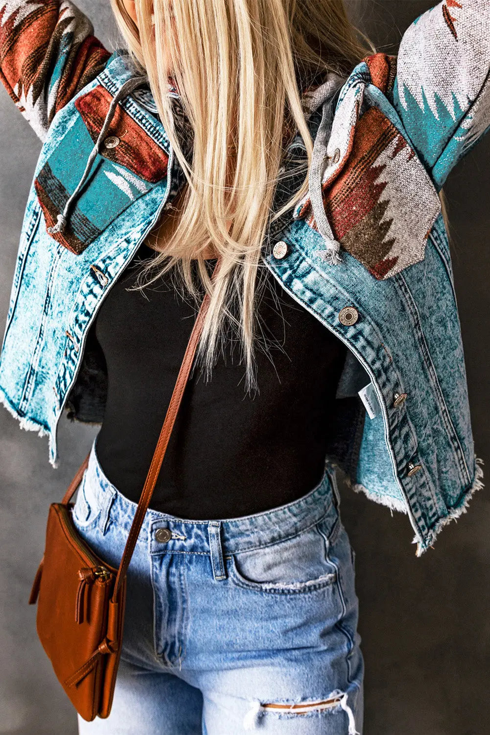 Multicolour Aztec Print Frayed Hem Denim Jacket - eAura