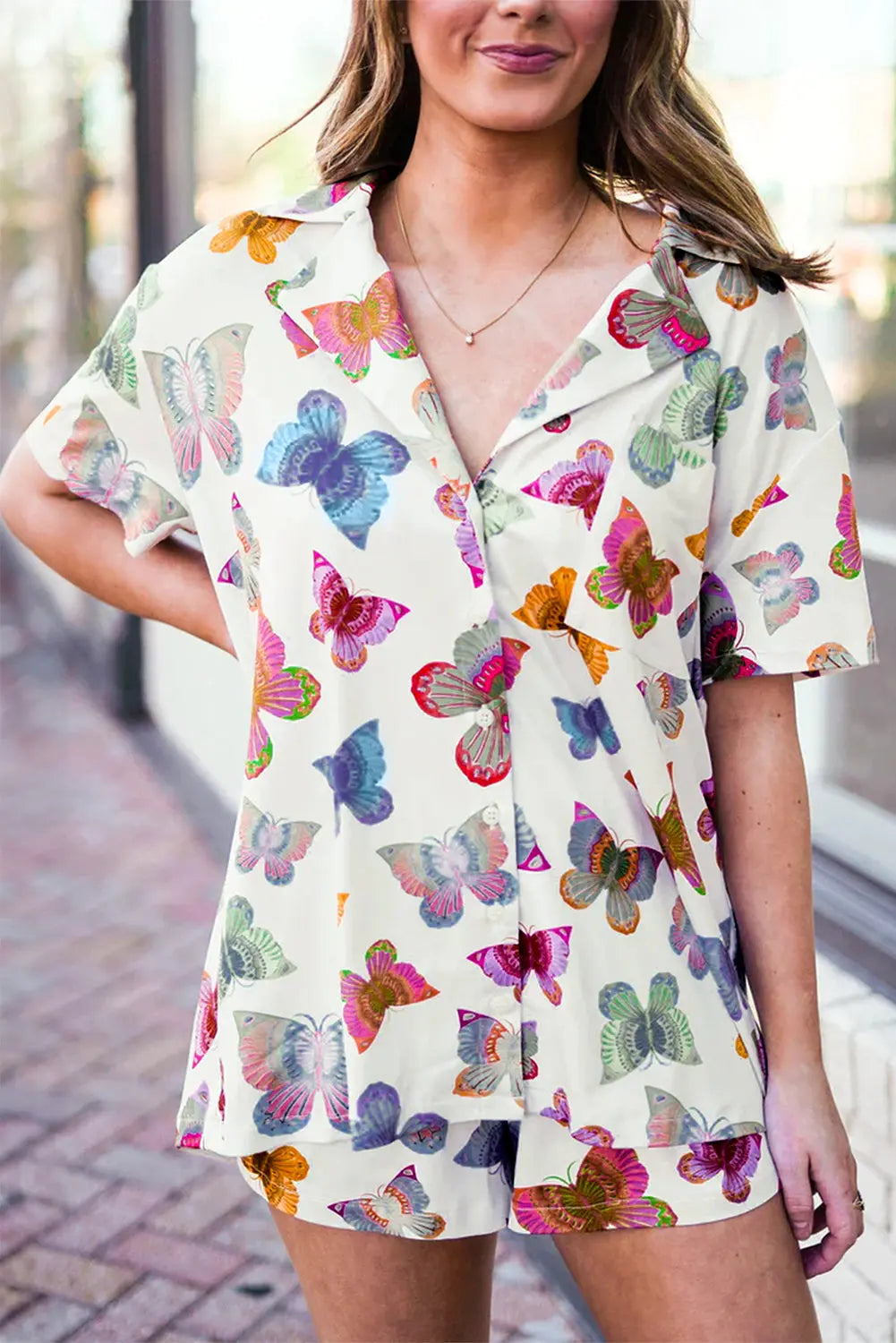 Multicolour Butterfly Pattern Short Sleeve Shirt Pyjamas Set eAura