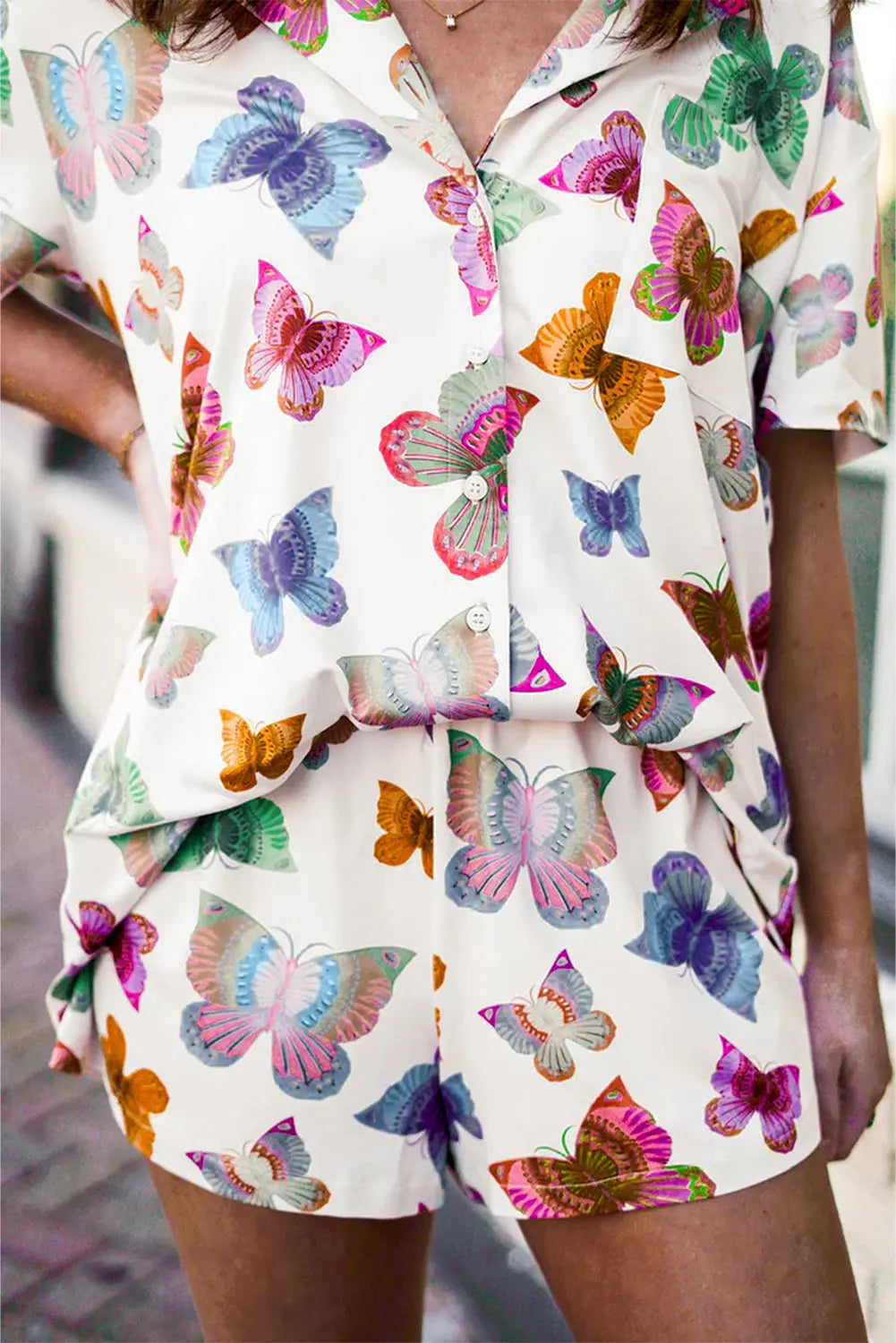 Multicolour Butterfly Pattern Short Sleeve Shirt Pyjamas Set eAura