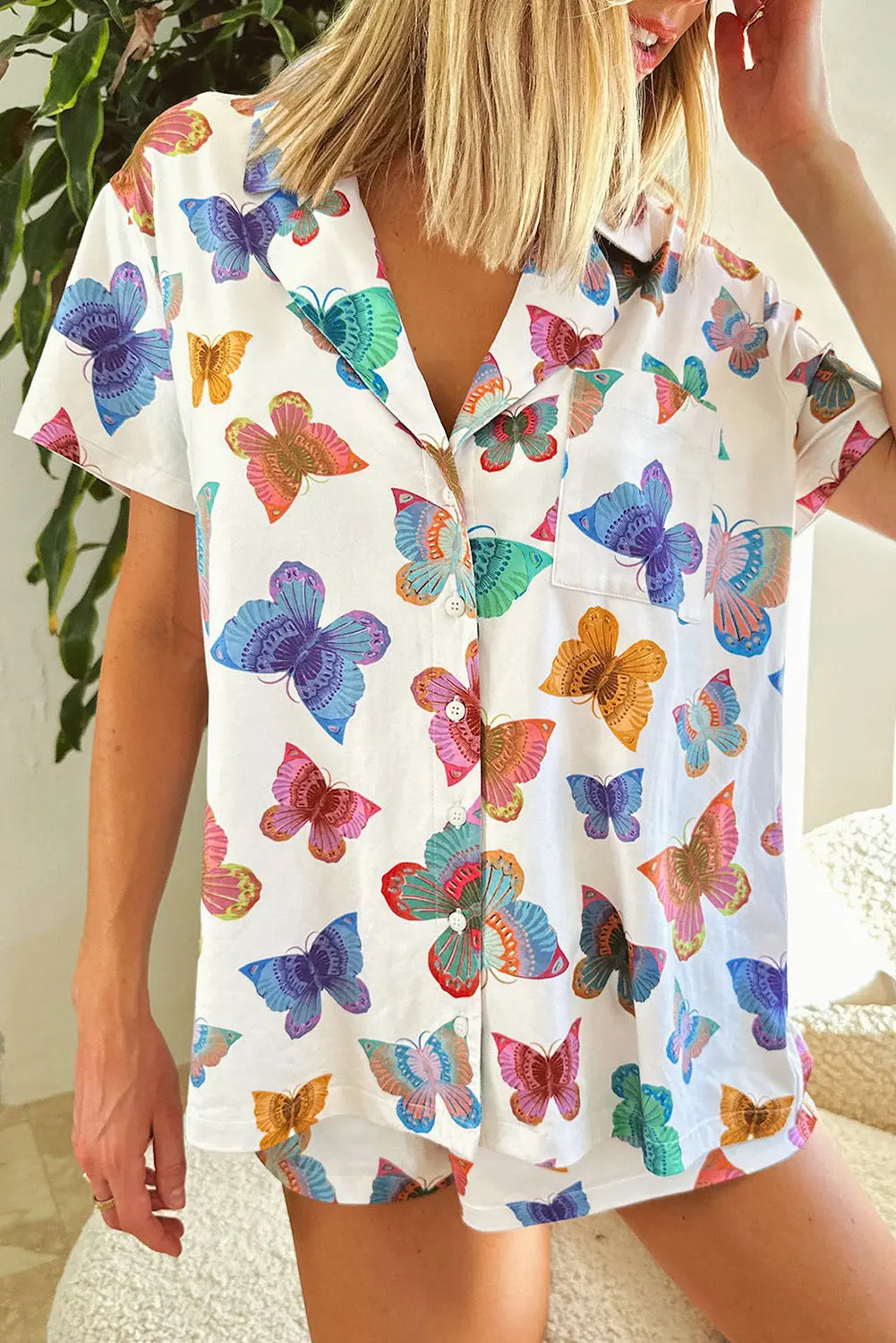 Multicolour Butterfly Pattern Short Sleeve Shirt Pyjamas Set eAura