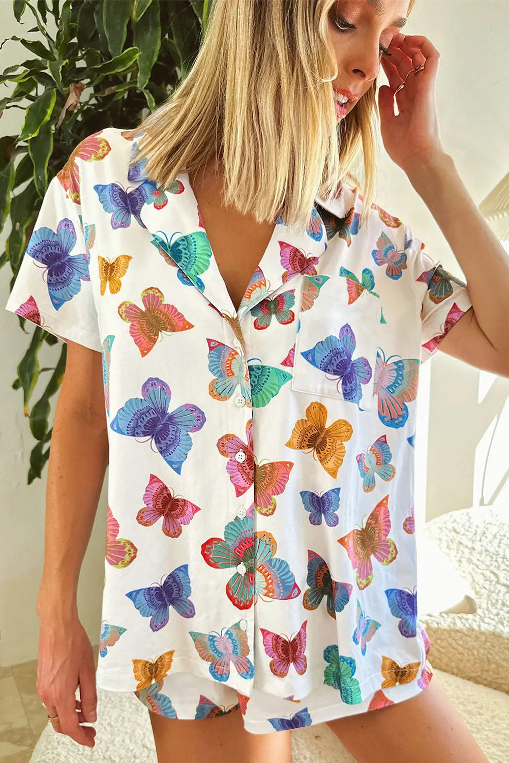 Multicolour Butterfly Pattern Short Sleeve Shirt Pyjamas Set eAura