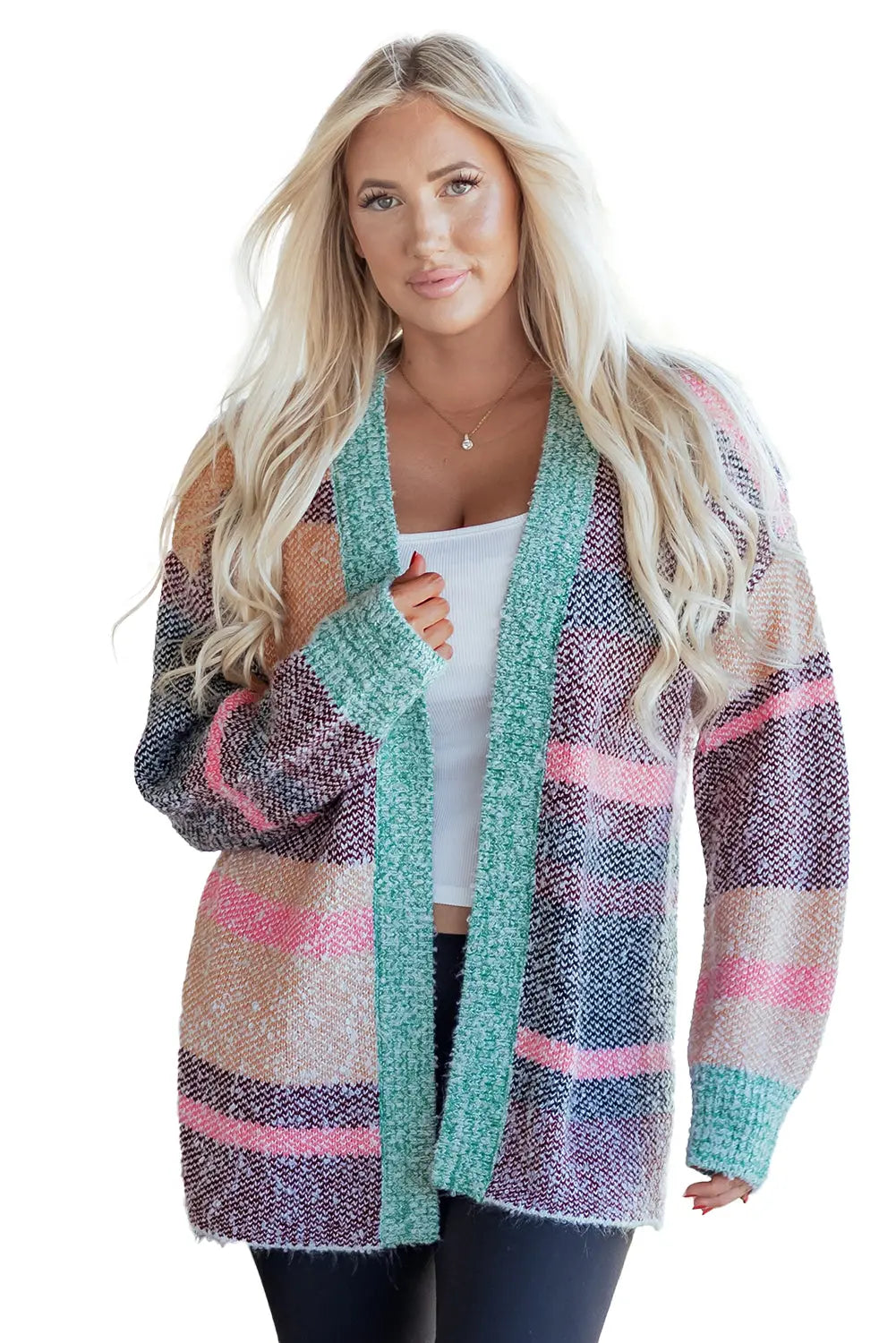 Multicolour Colour Block Striped Side Open Front Cardigan - eAura