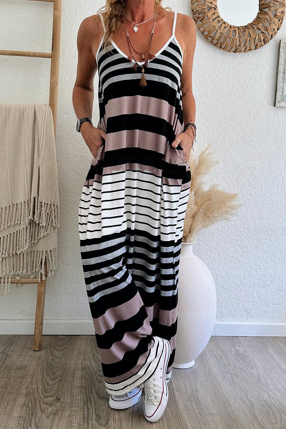 Multicolour Mixed Stripes Spaghetti Straps V Neck Maxi Dress - eAura
