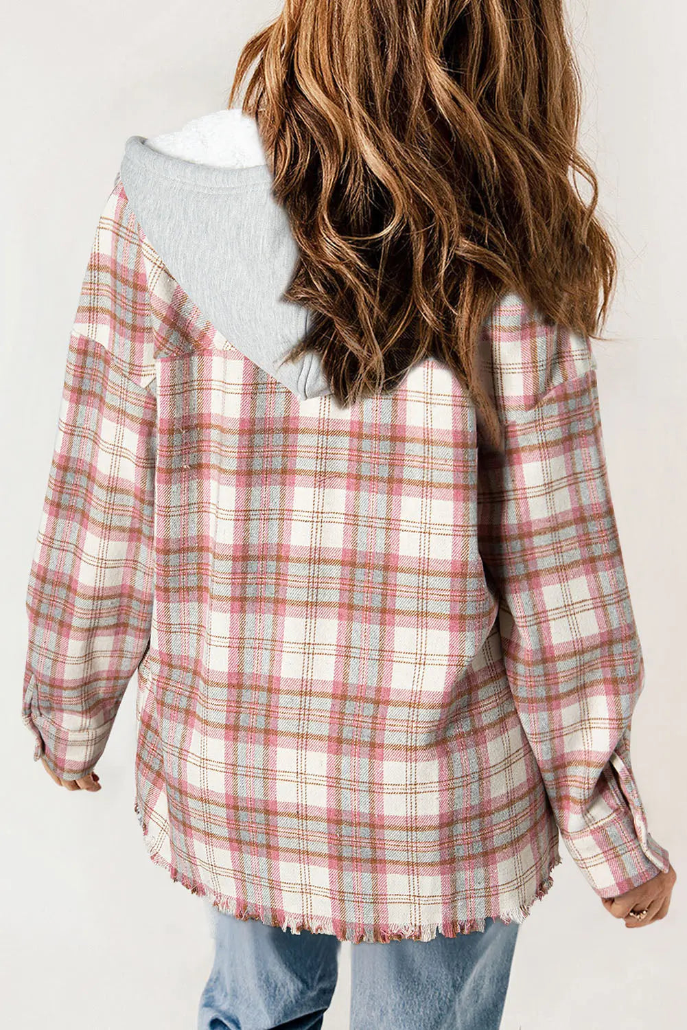 Multicolour Plaid Flap Pocket Hooded Raw Hem Jacket eAura