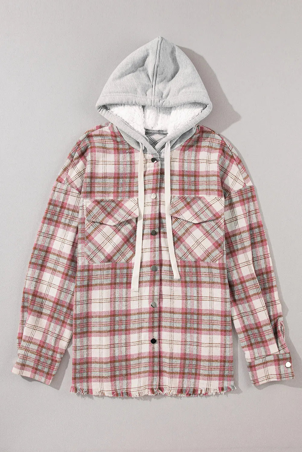 Multicolour Plaid Flap Pocket Hooded Raw Hem Jacket eAura