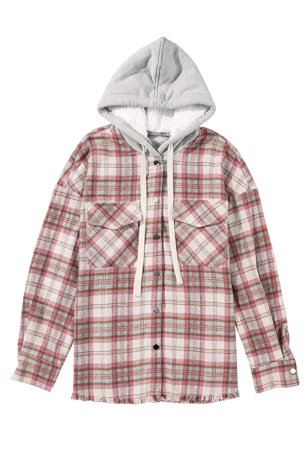 Multicolour Plaid Flap Pocket Hooded Raw Hem Jacket eAura