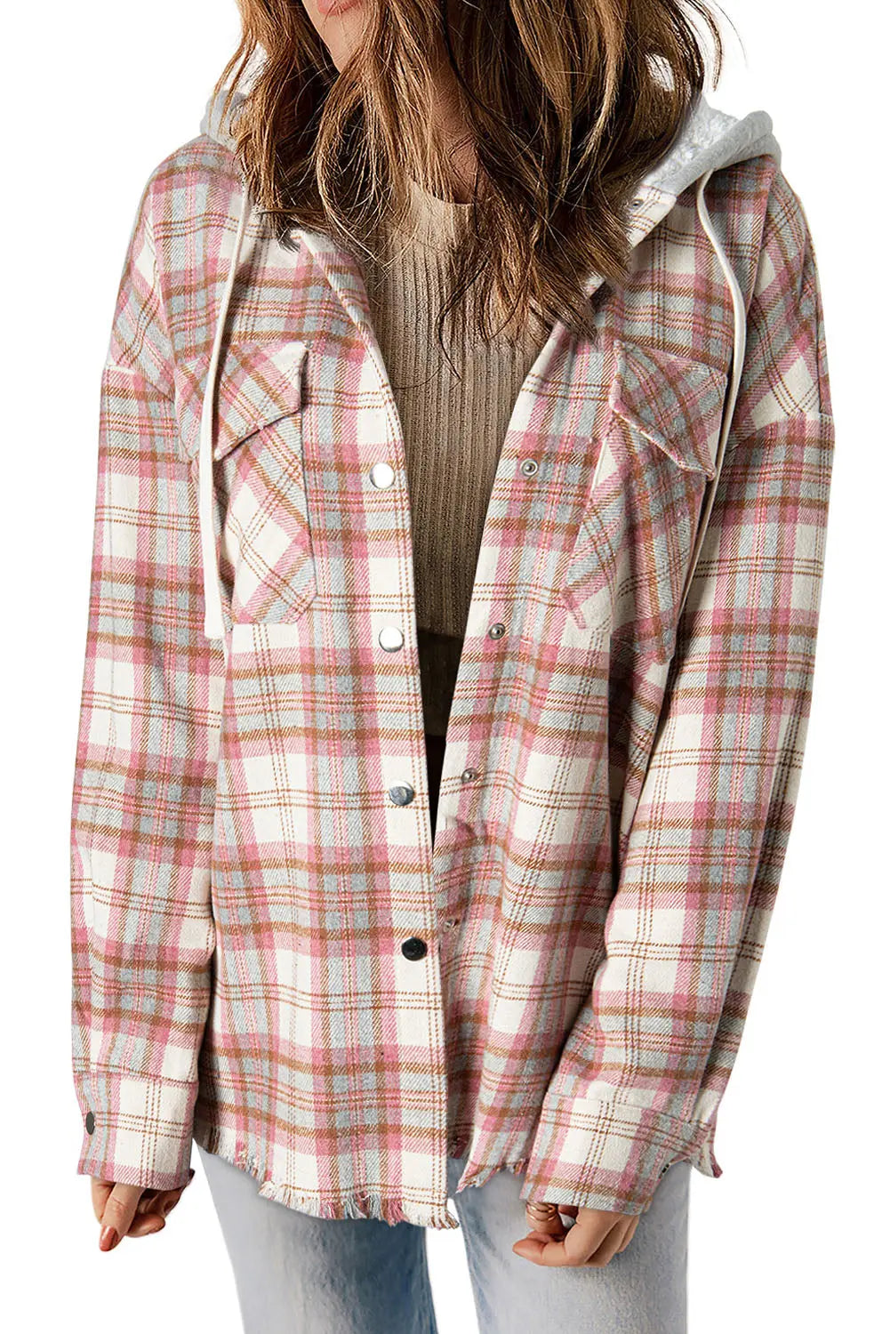 Multicolour Plaid Flap Pocket Hooded Raw Hem Jacket eAura