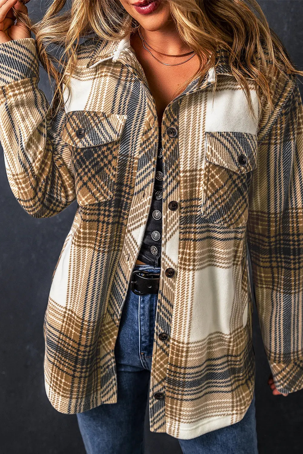 Multicolour Plaid Print Flap Pocket Button Up Shacket eAura