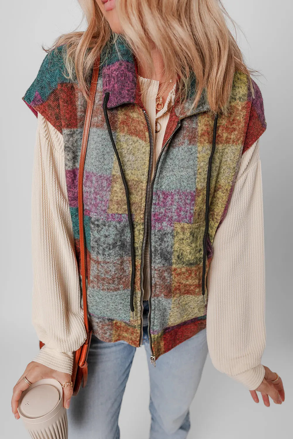 Multicolour Plaid Print Loose Sleeveless Jacket eAura