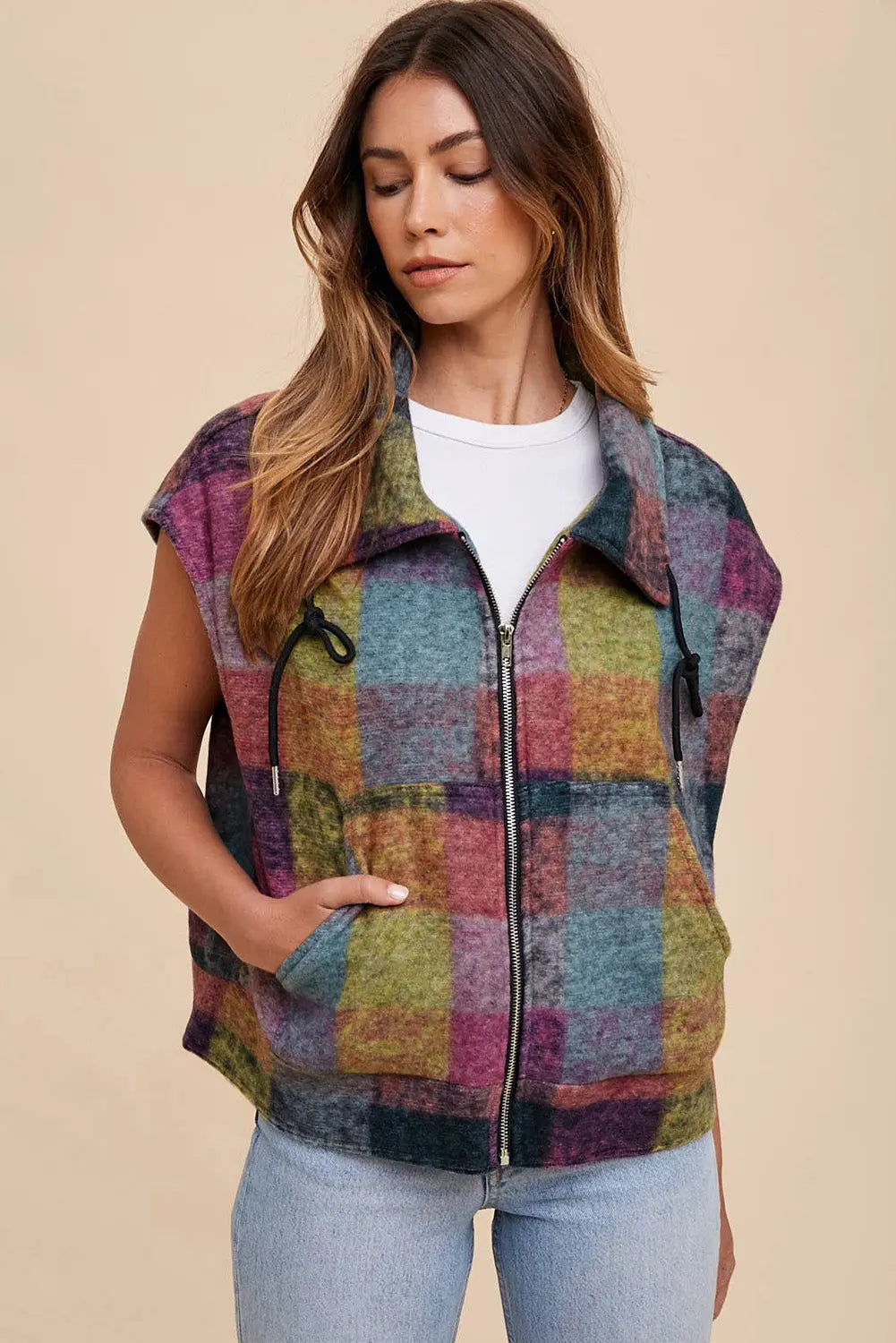 Multicolour Plaid Print Loose Sleeveless Jacket eAura