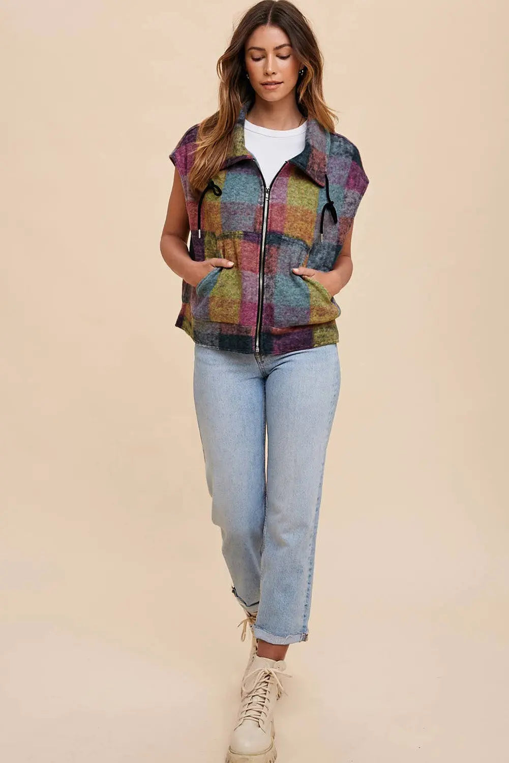 Multicolour Plaid Print Loose Sleeveless Jacket eAura