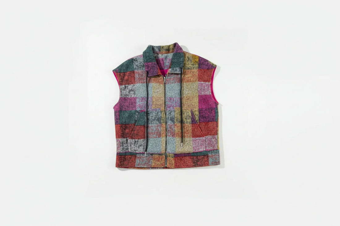Multicolour Plaid Print Loose Sleeveless Jacket eAura