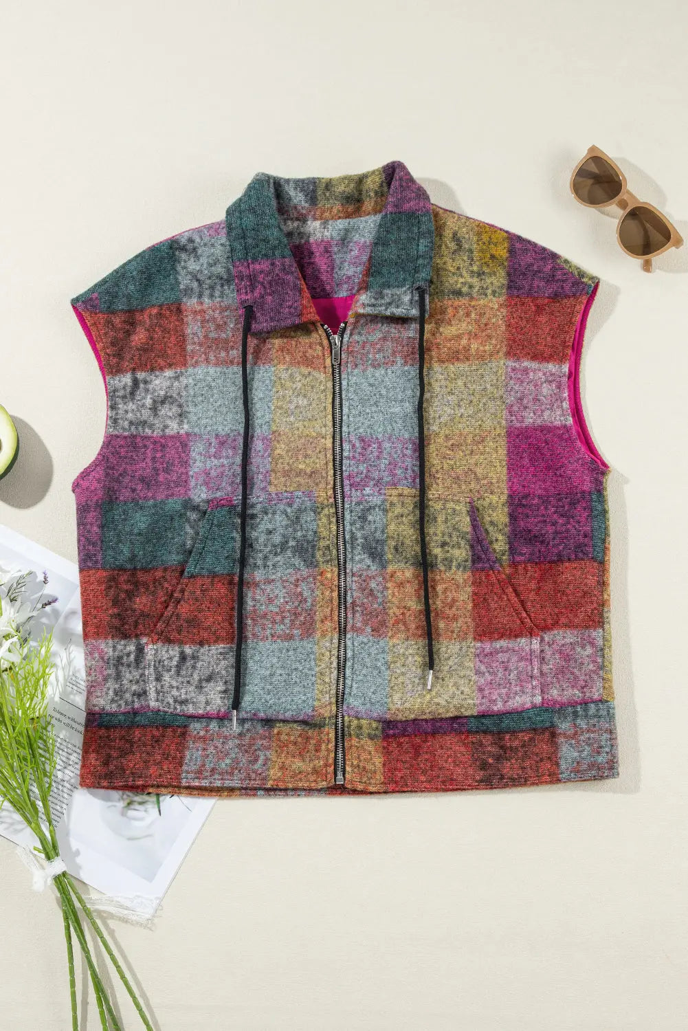 Multicolour Plaid Print Loose Sleeveless Jacket eAura