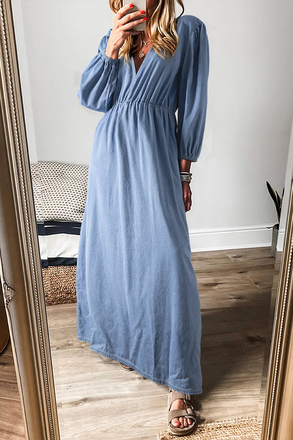 Myosotis Chambray Deep V Neck Bracelet Sleeve Maxi Dress - eAura
