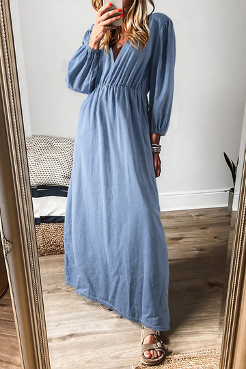 Myosotis Chambray Deep V Neck Bracelet Sleeve Maxi Dress - eAura