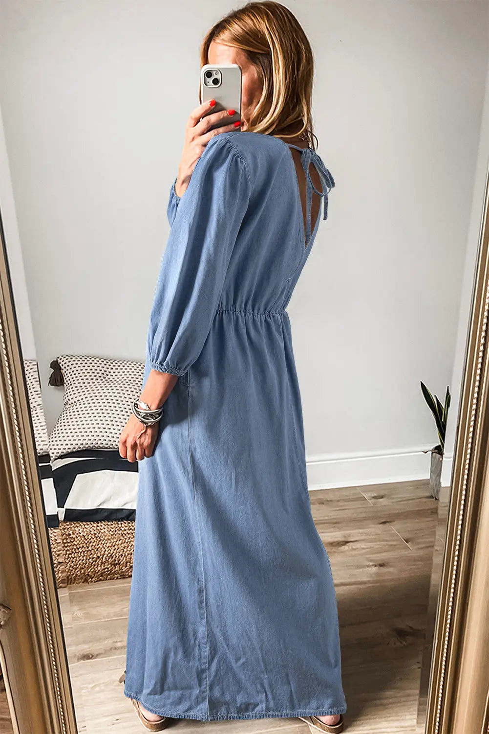 Myosotis Chambray Deep V Neck Bracelet Sleeve Maxi Dress - eAura