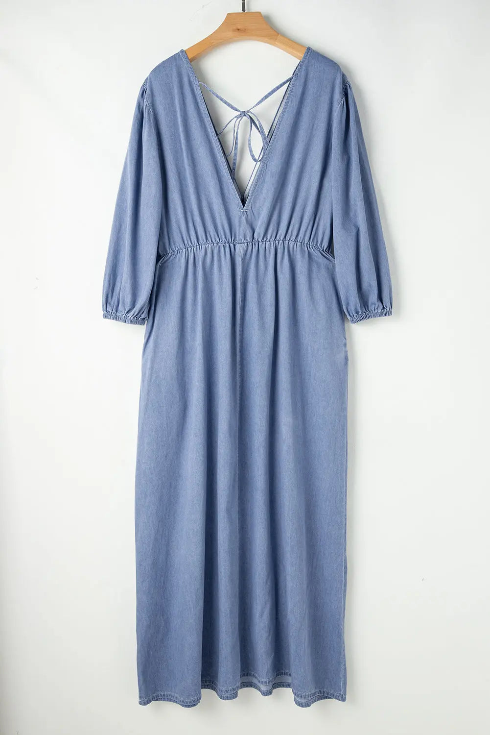 Myosotis Chambray Deep V Neck Bracelet Sleeve Maxi Dress - eAura