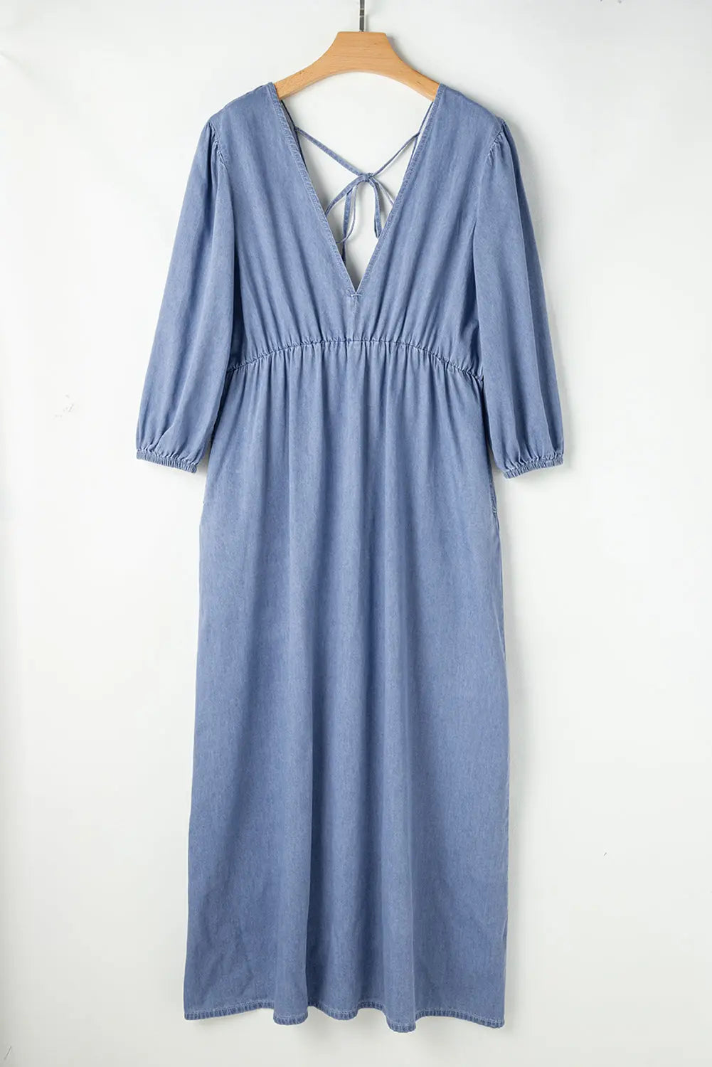 Myosotis Chambray Deep V Neck Bracelet Sleeve Maxi Dress - eAura