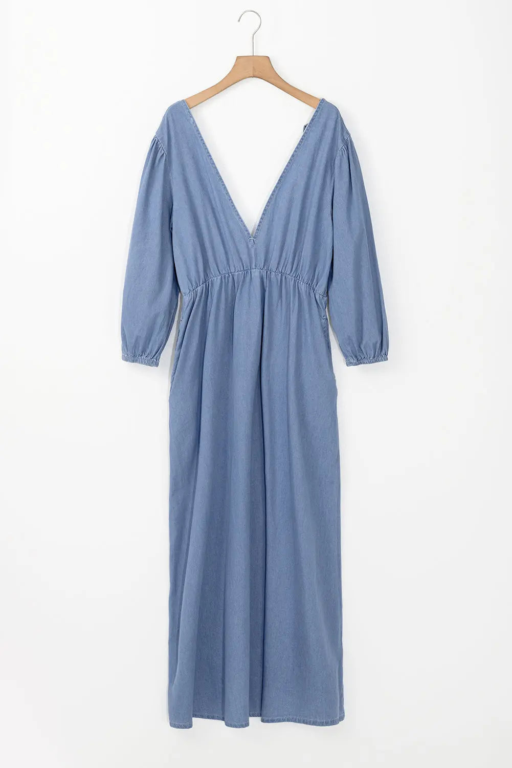 Myosotis Chambray Deep V Neck Bracelet Sleeve Maxi Dress - eAura